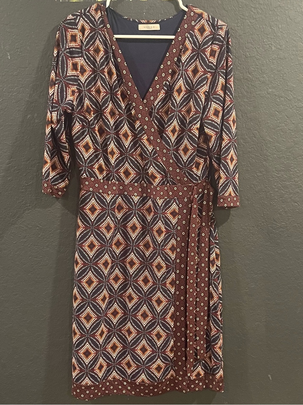 Gilli Navy, Burgundy and Cream Geometric Wrap Midi Dress